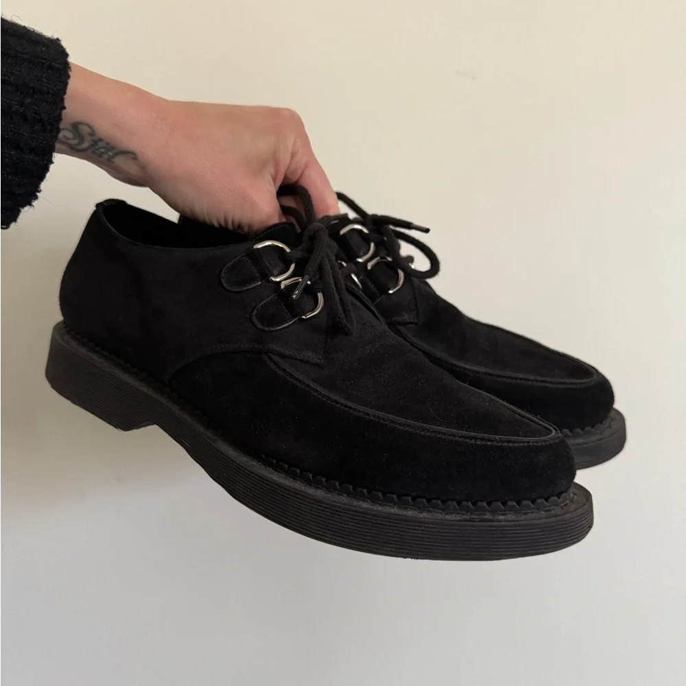 Yves Saint Laurent Black Suede Lace-Up Derby Shoes with Metal Eyelets